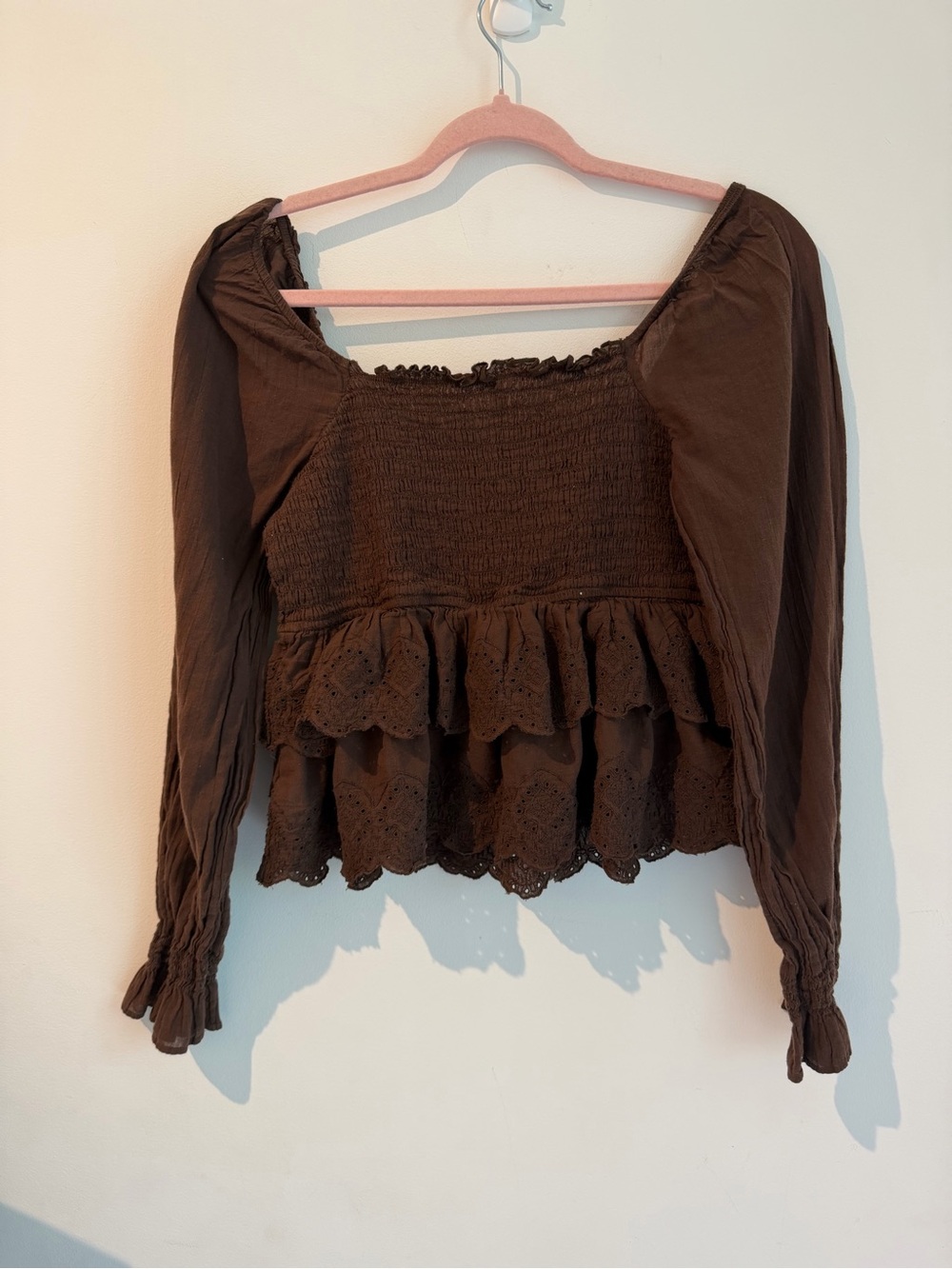 American Eagle Outfitters Chocolate Brown Smocked Eyelet Peasant Top - Picture 6 of 6